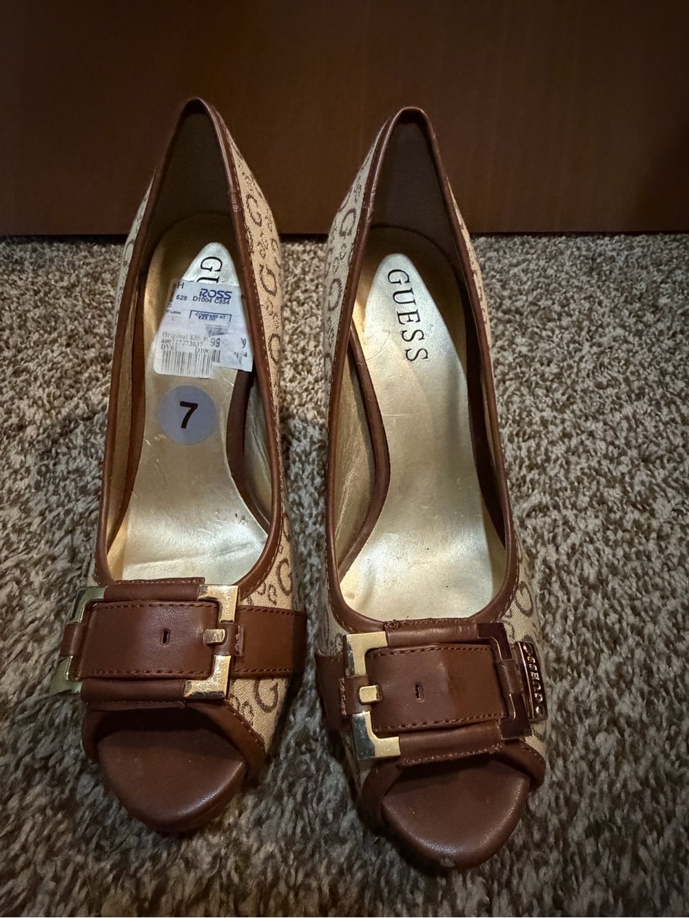 GUESS Brown Monogram Peep-Toe Heels with Gold Buckle Accent size 7